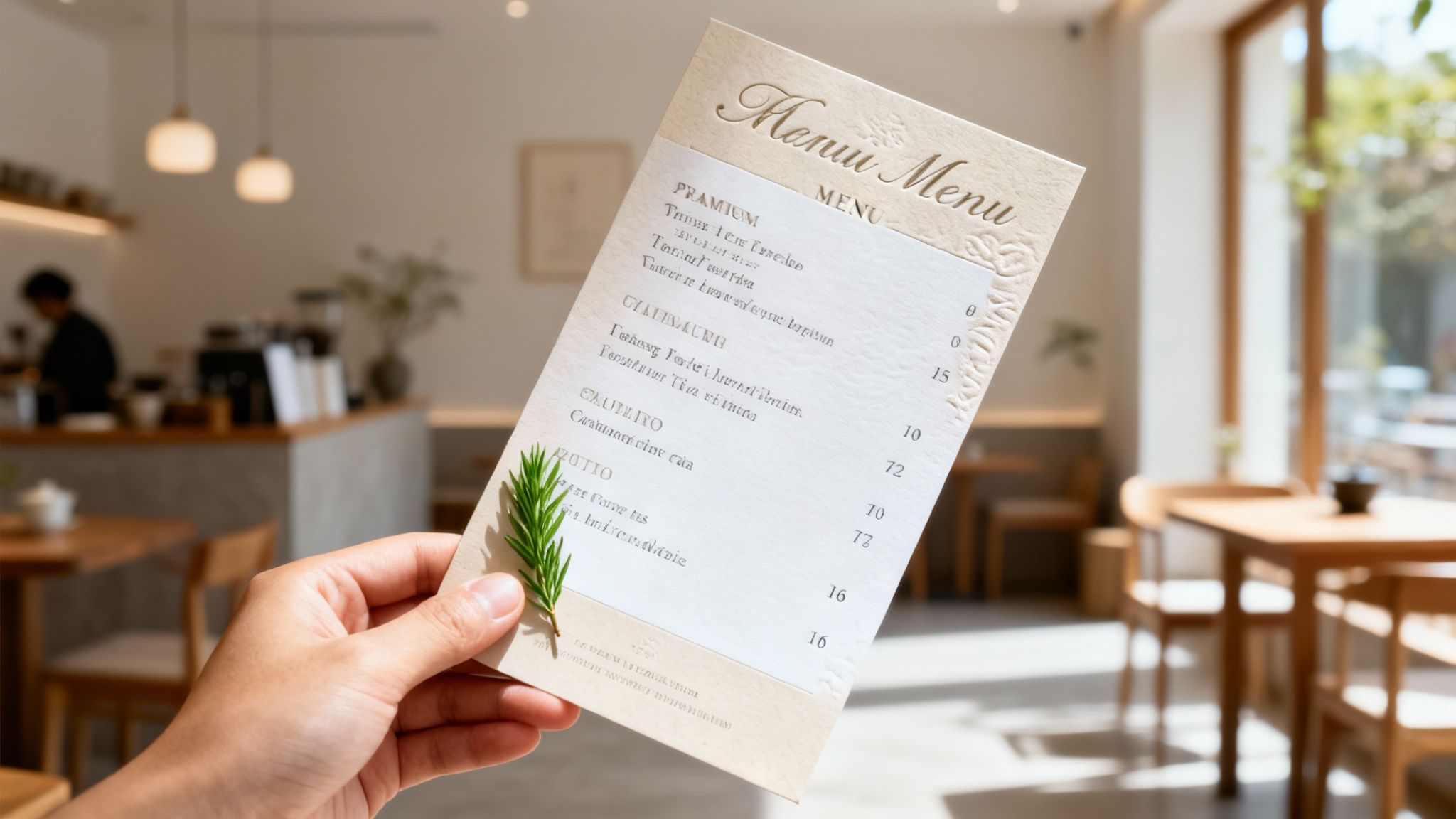 Close-up of a hand holding a decorative cafe menu with a green leaf, showing prices and items, inside a modern tea house.