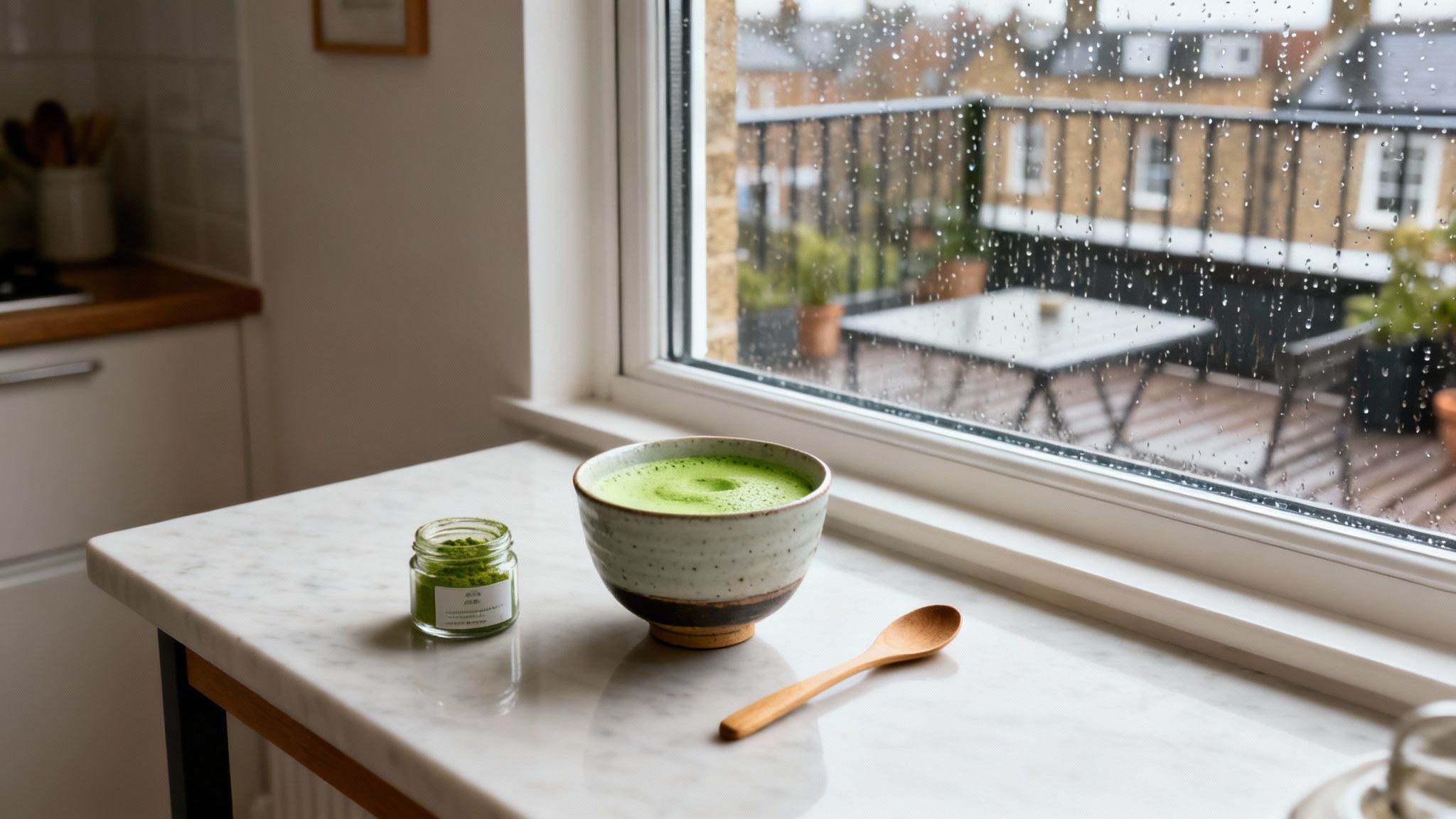 A vibrant green matcha tea in a ceramic bowl, alongside matcha powder and a spoon, by a rainy window.