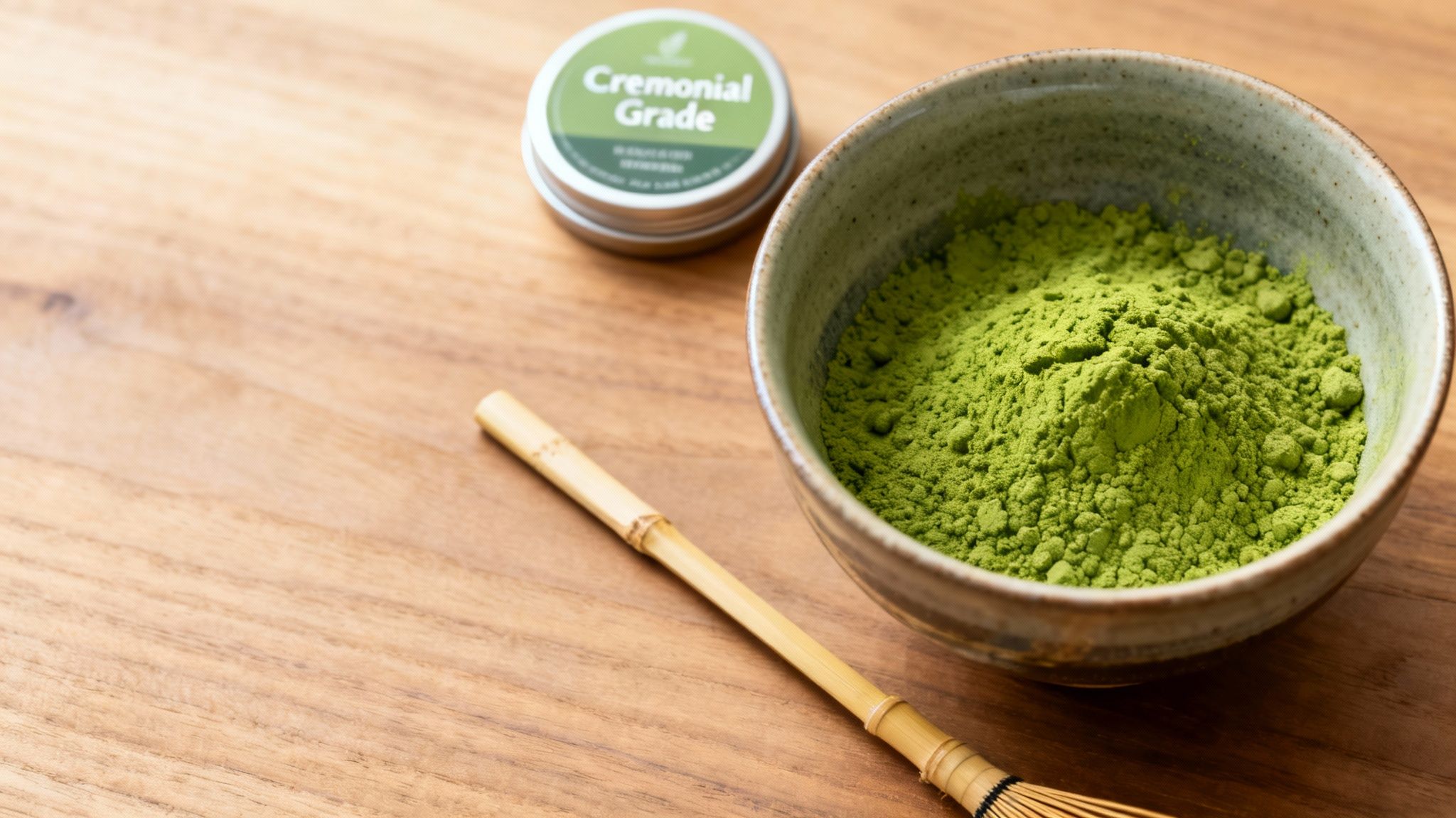 A bowl of bright green ceremonial grade matcha powder with a bamboo whisk and tin on a wooden table.