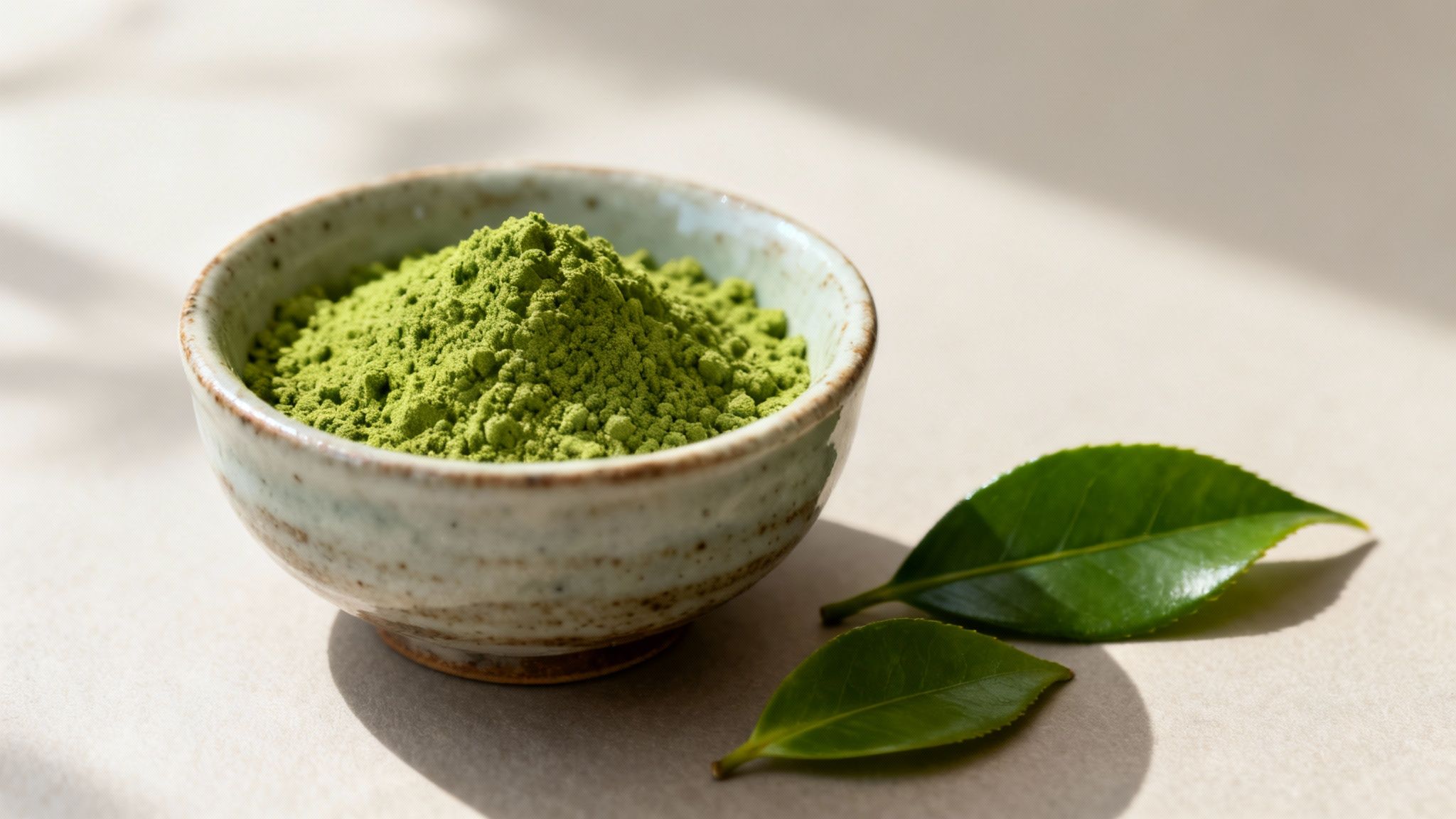 A ceramic bowl of vibrant green matcha powder next to two fresh tea leaves on a light surface.