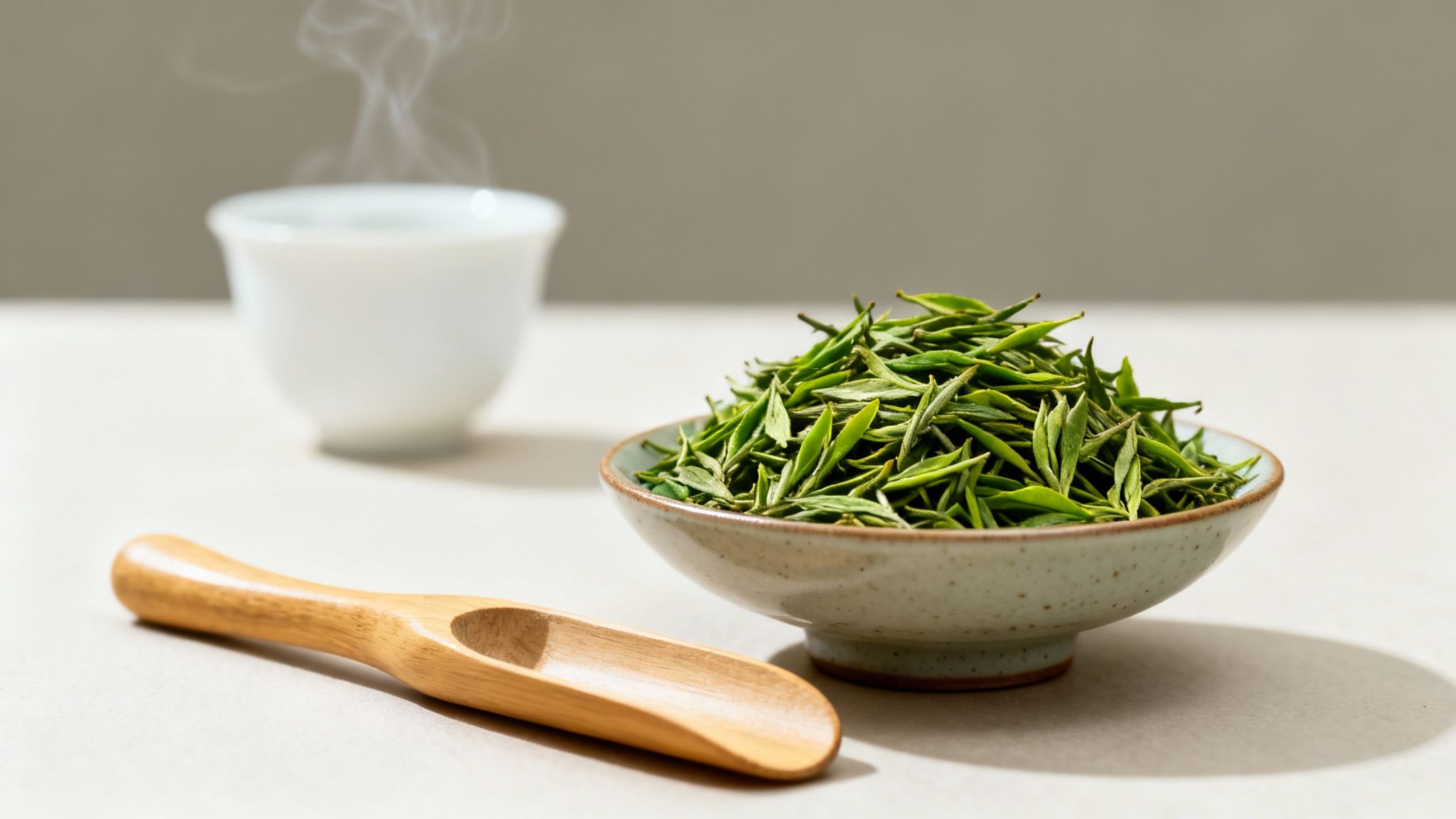 A ceramic bowl filled with vibrant green loose leaf tea, a wooden scoop, and a steaming teacup.