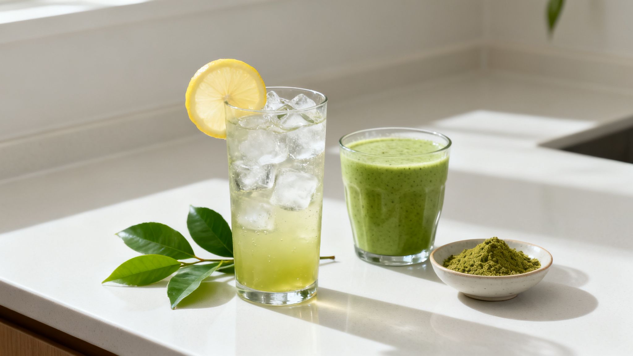 Two glasses of refreshing green tea drinks with ice, lemon, powder, and leaves on a white counter.