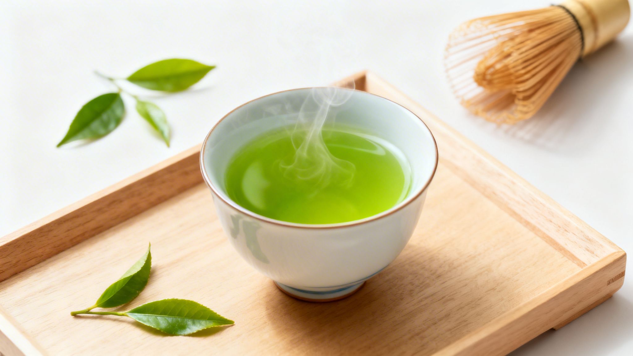 A steaming cup of green tea on a wooden tray with fresh leaves and a bamboo whisk.