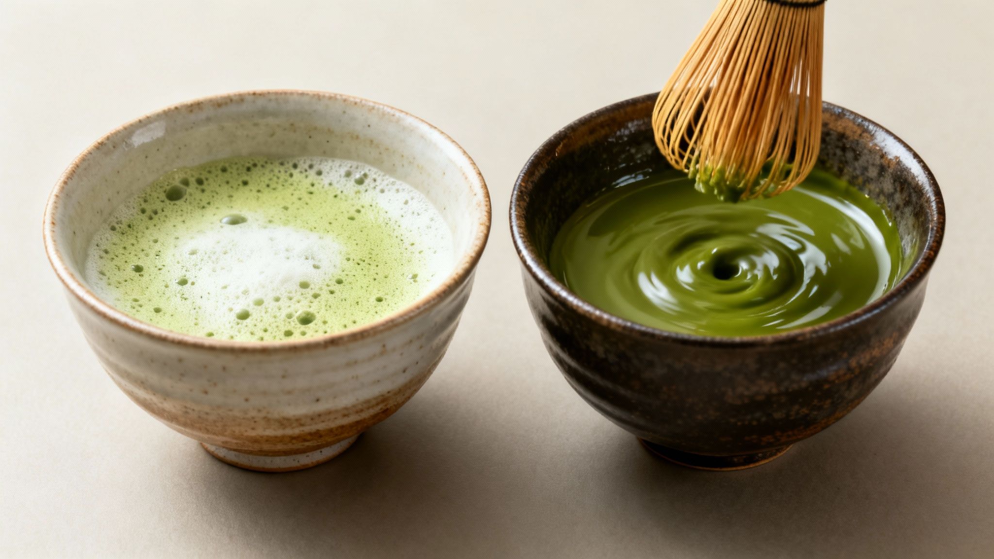 Two ceramic bowls of matcha green tea, one frothed, another being whisked for preparation.