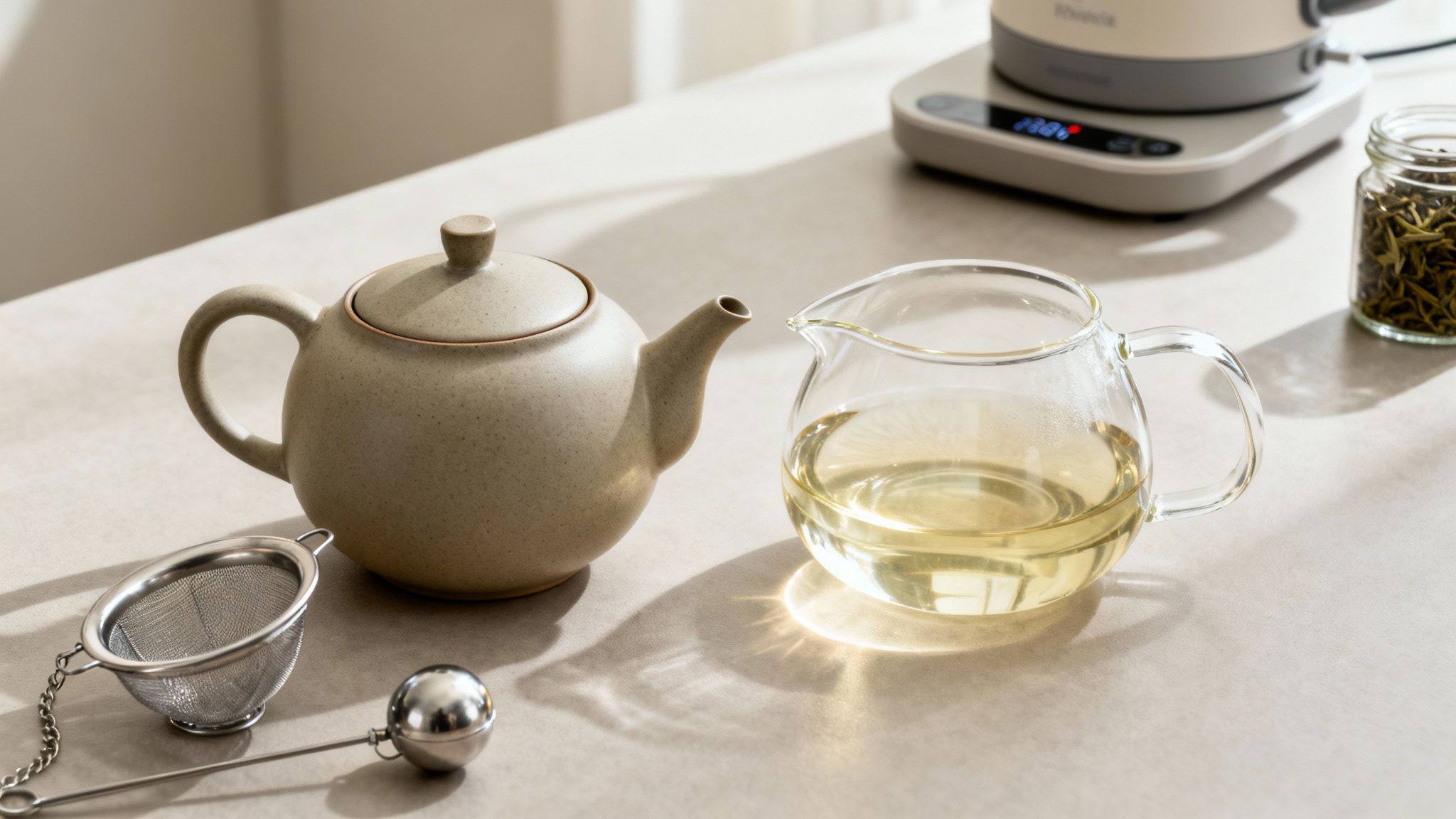 Aesthetic tea brewing setup with a ceramic teapot, glass server, and loose leaf tea.