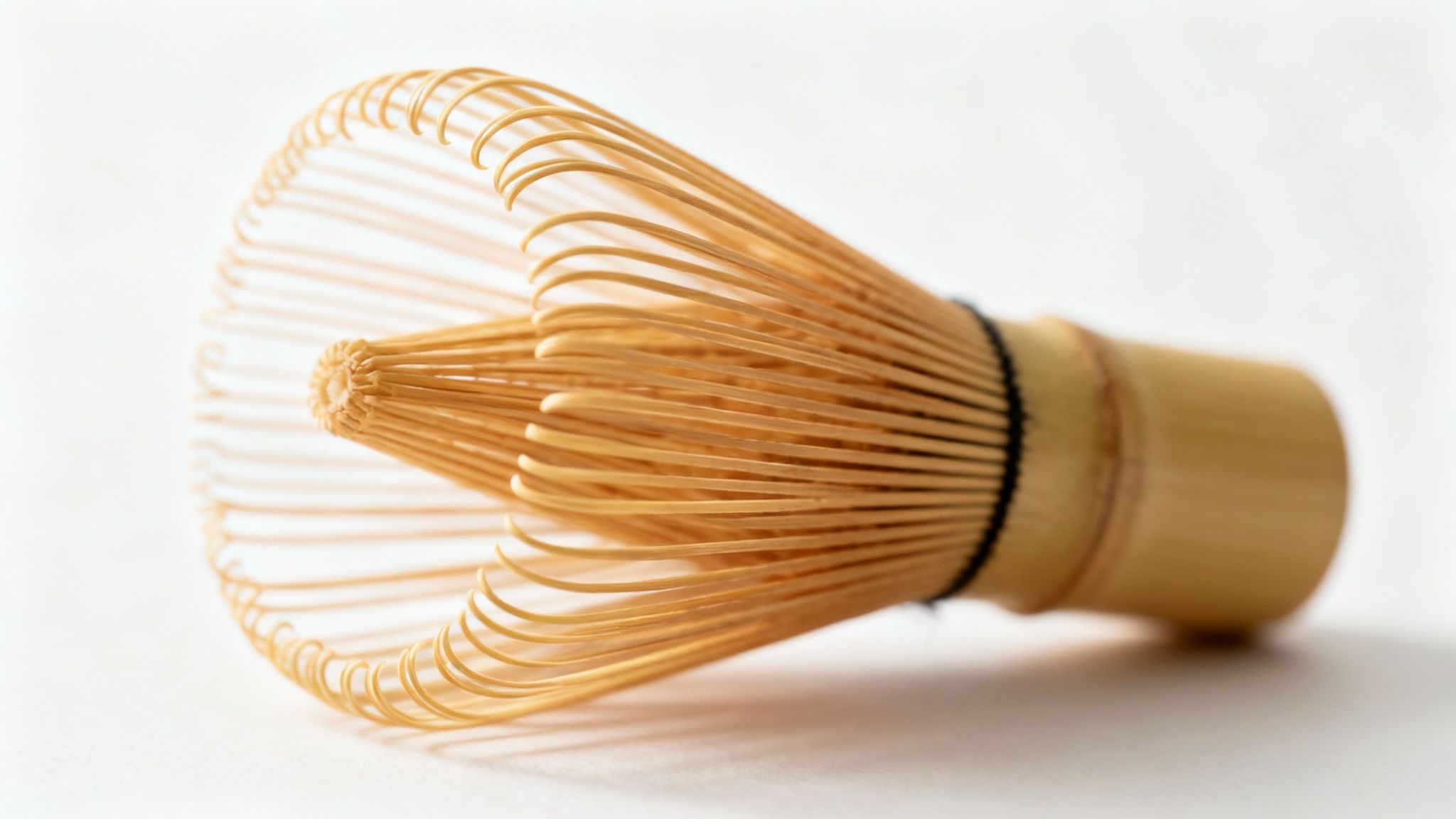 Traditional bamboo matcha whisk (chasen) with delicate tines on a light background.
