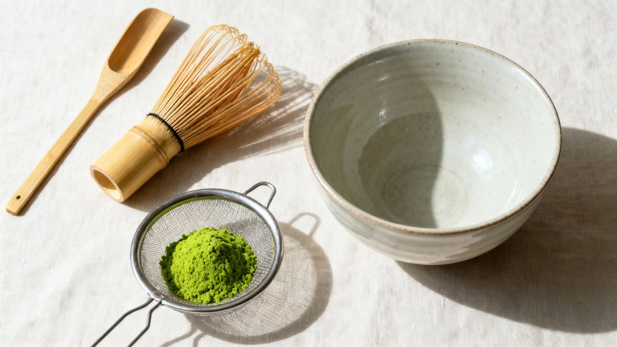 Matcha tea preparation set including green powder in a sifter, bamboo whisk, scoop, and ceramic bowl.