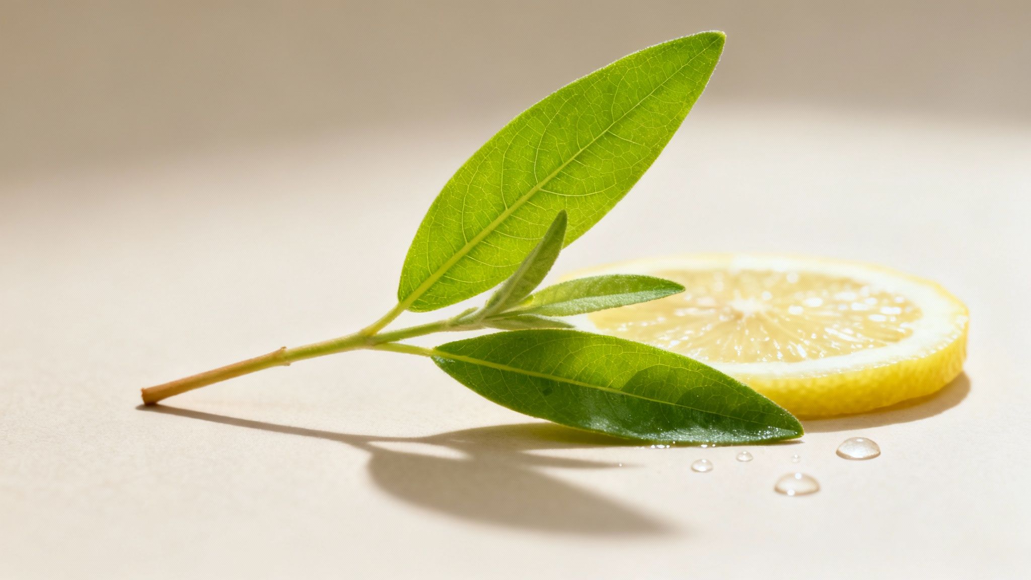 A sprig of fresh lemon verbena leaves next to a cup of herbal tea