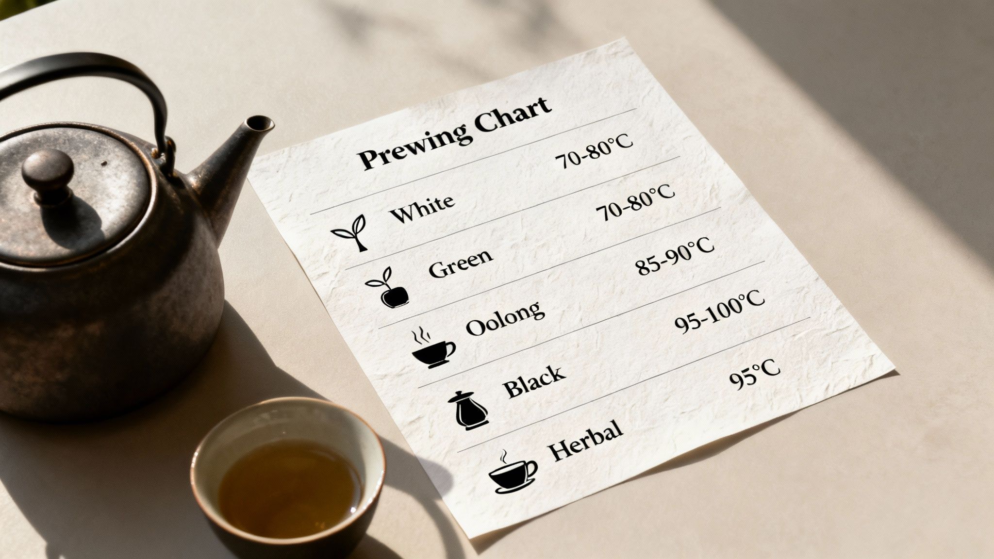 Tea brewing chart with recommended water temperatures for different teas, next to a teapot and teacup.