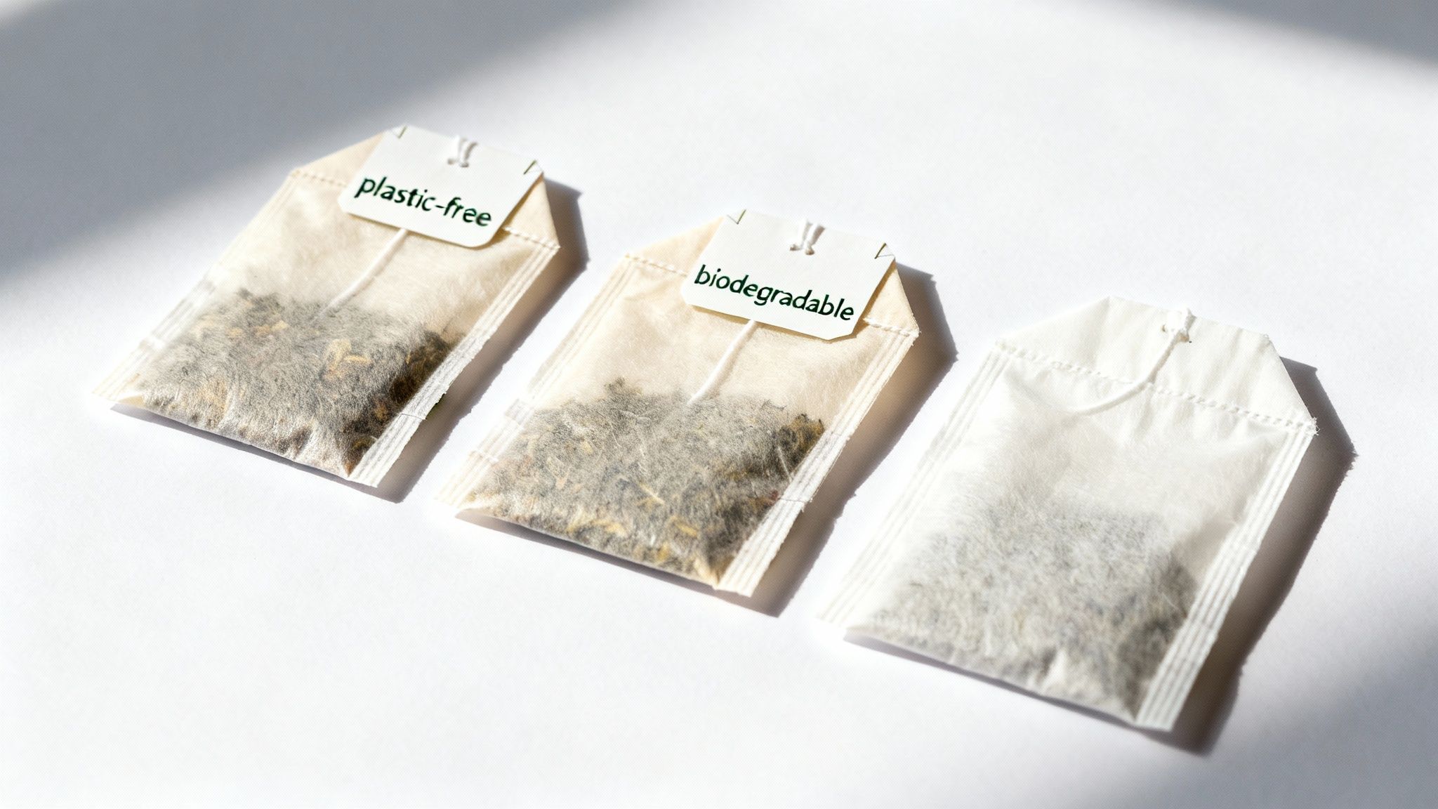 A person's hand holding a tea bag up to the light, inspecting its material and construction.