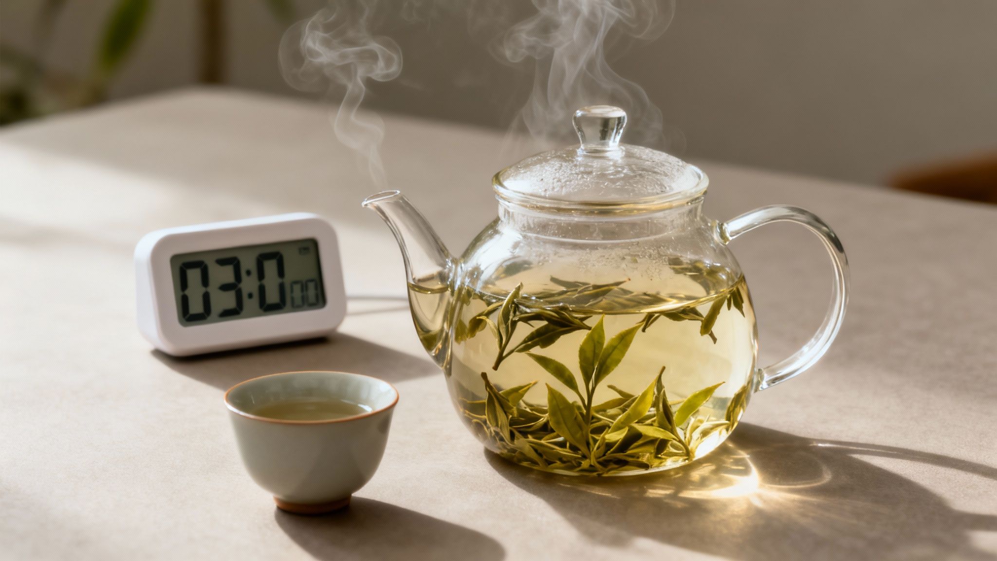An hourglass timer sits next to a steaming cup of freshly brewed loose leaf tea.