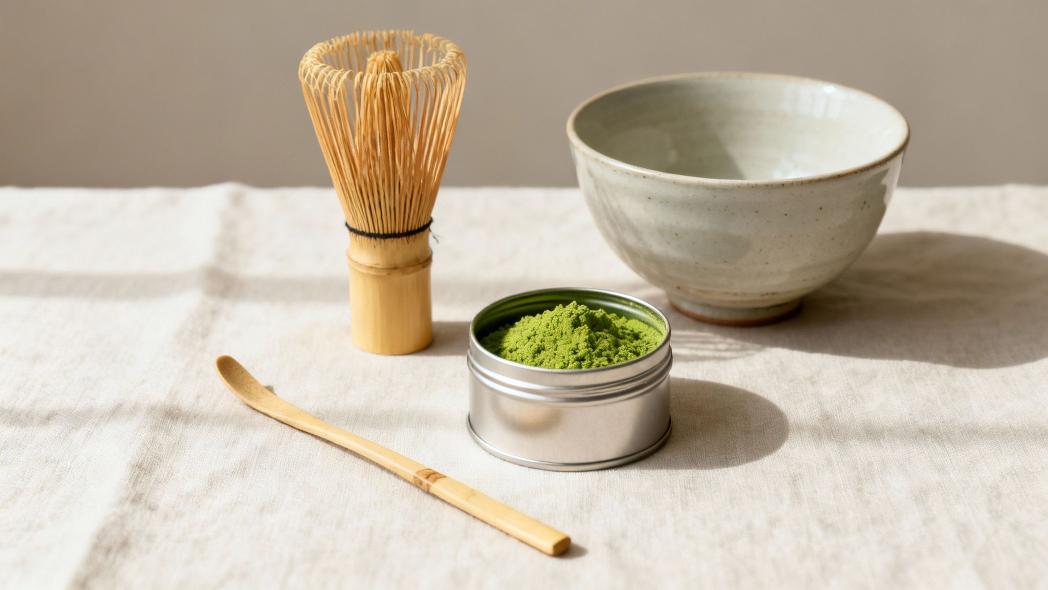 Japanese matcha tea ceremony essentials: bamboo whisk, ceramic bowl, green powder, and scoop.
