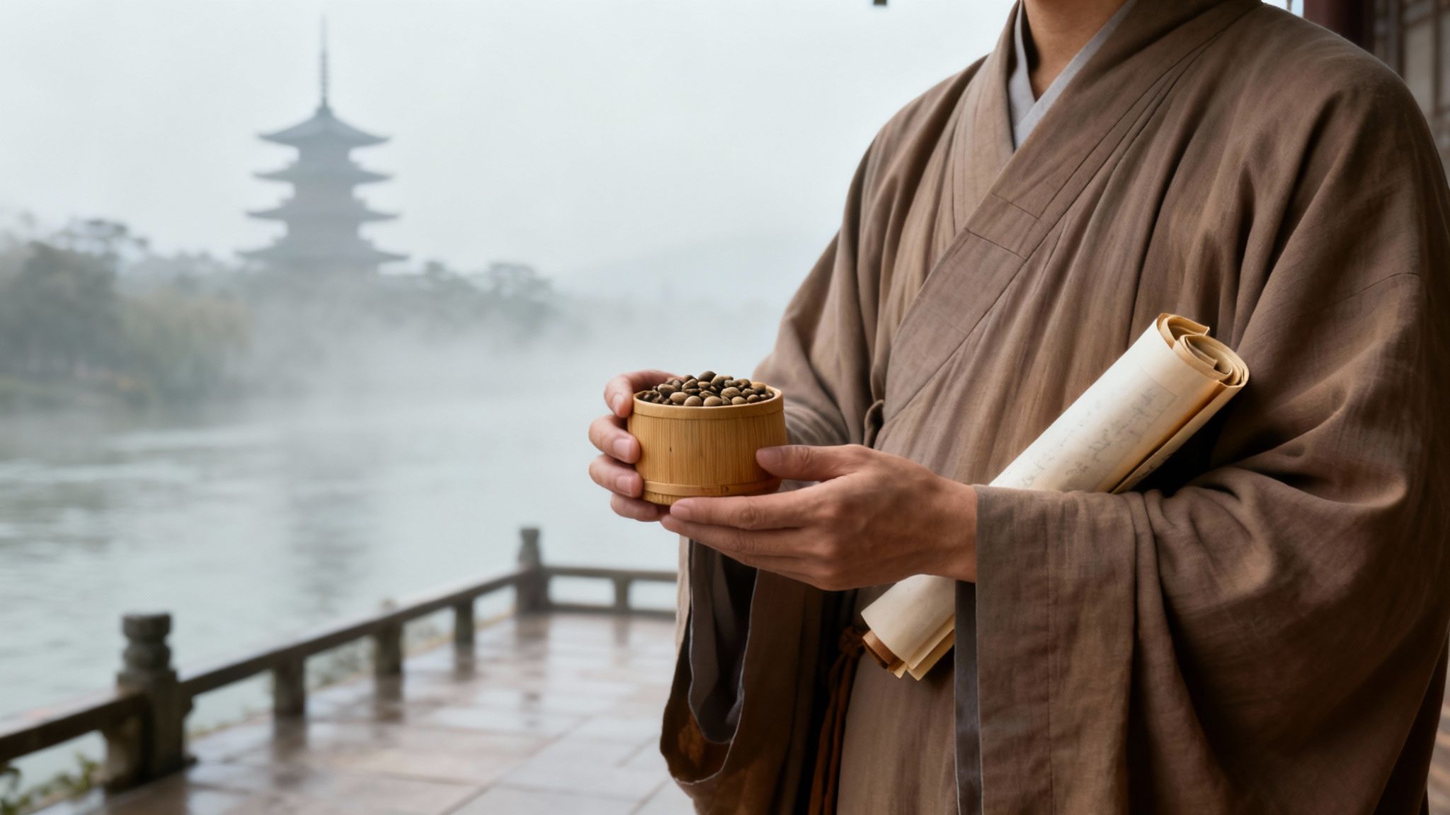 A person in traditional robes holds a bowl of tea seeds and a scroll by a misty lake with a pagoda.