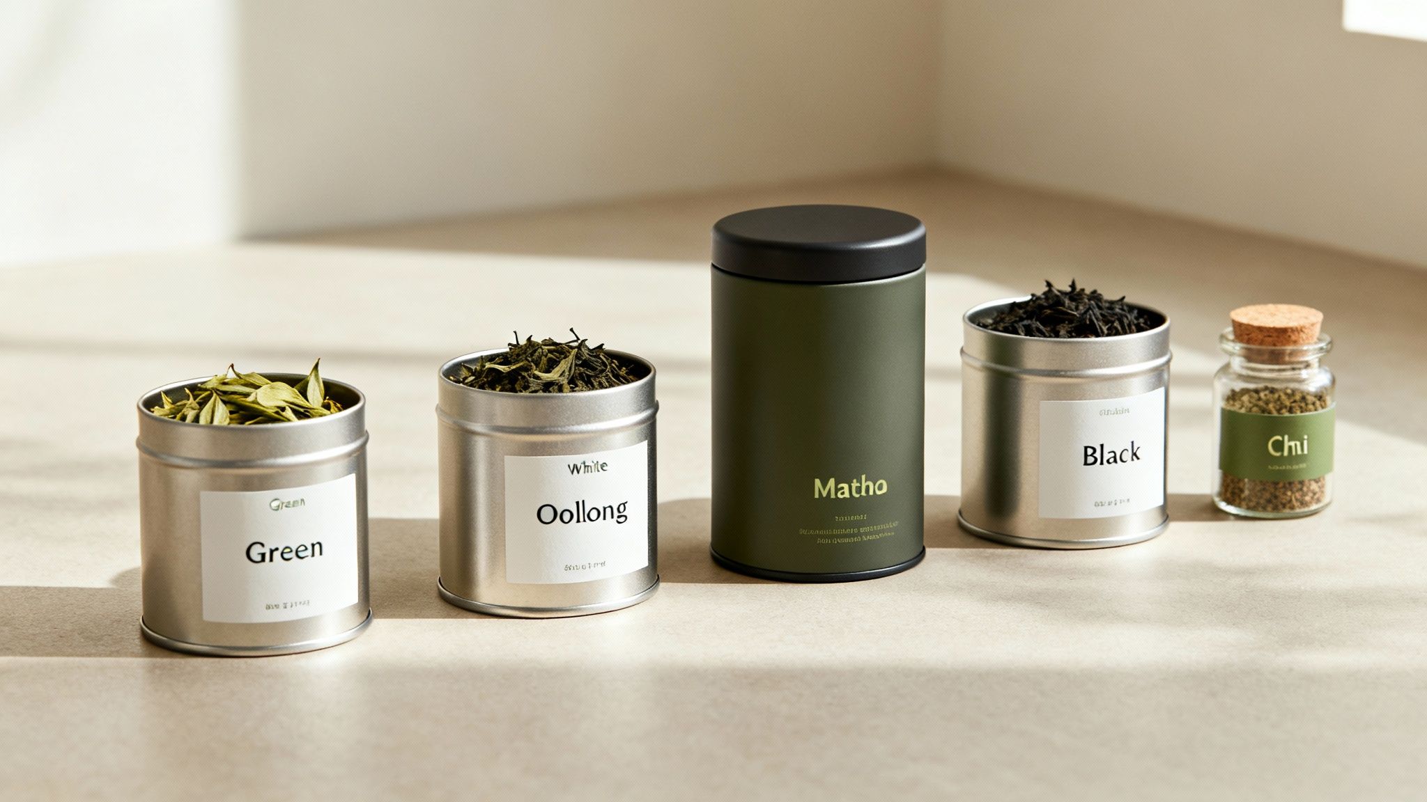 Assorted tea storage containers including matho, oolong, green, and black tea varieties on counter
