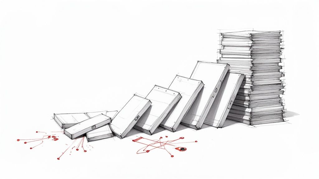 Ink sketch showing books toppling like dominoes, with red splatters on a white background.