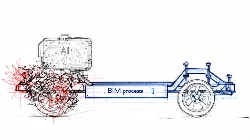 Blueprint sketch of a vehicle chassis integrating an AI engine, complex data, and a central BIM process.
