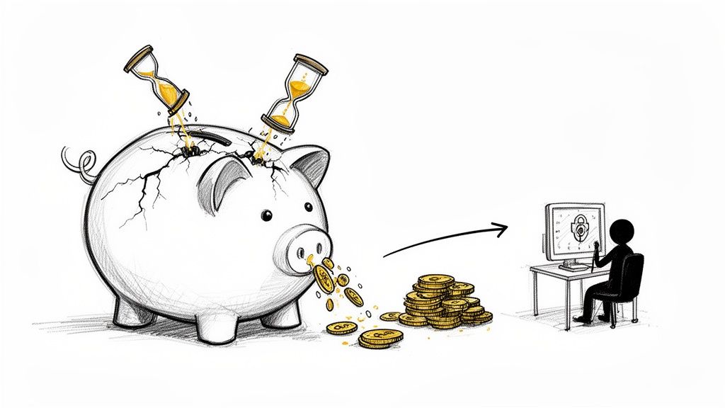 A cracked piggy bank loses money and time, transferred to a person on a secure computer.