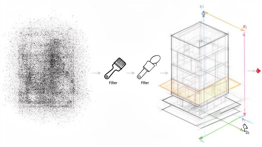 Workflow diagram illustrating point cloud processing using filters to create a detailed 3D building model.
