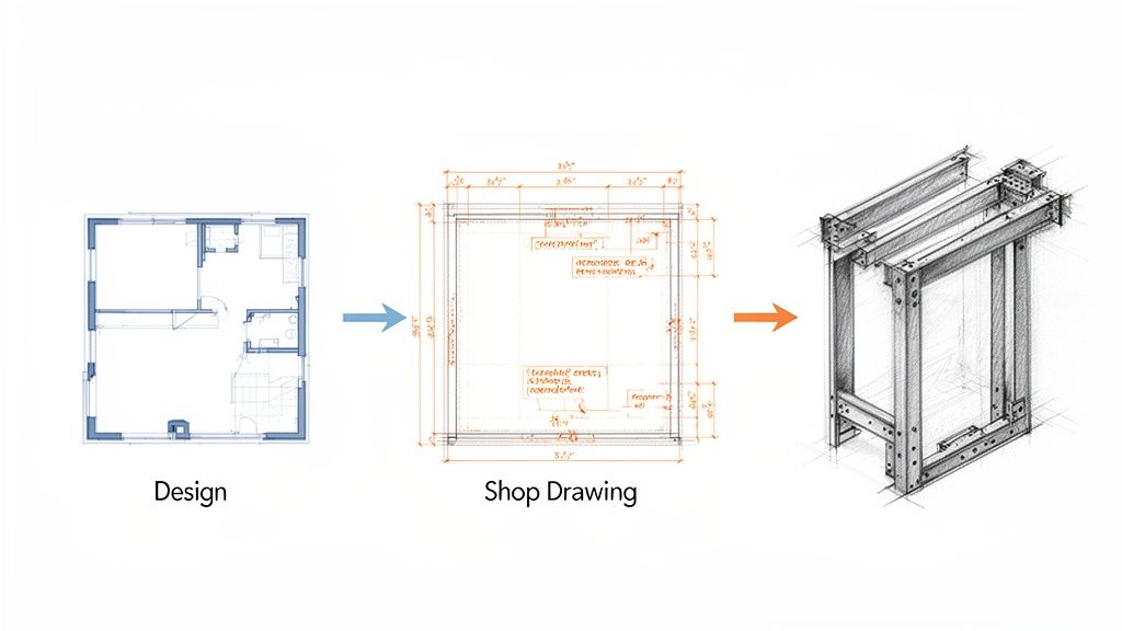 Architectural design process shown: floor plan to detailed shop drawing to 3D structural detail.