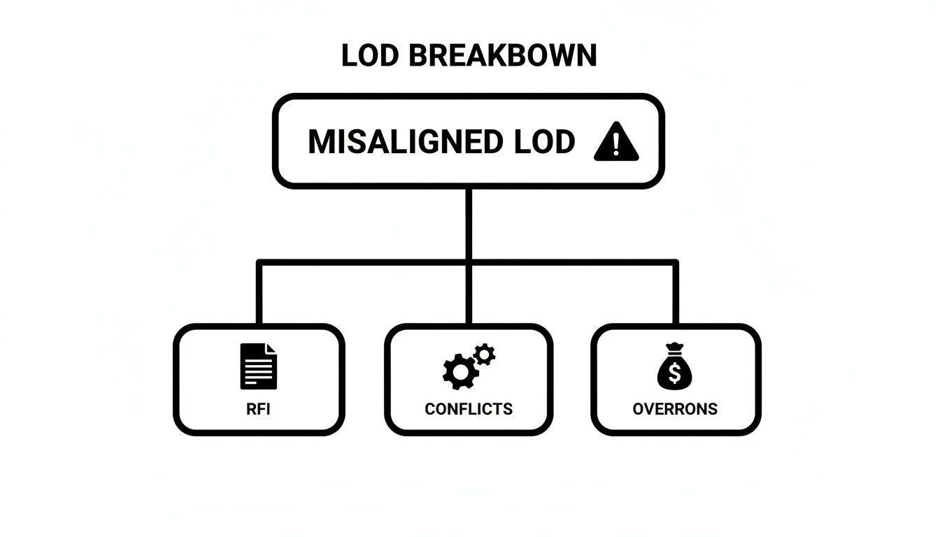 A flowchart titled 'LOD BREAKDOWN' showing 'MISALIGNED LOD' leading to 'RFI', 'CONFLICTS', and 'OVERRONS' with icons.