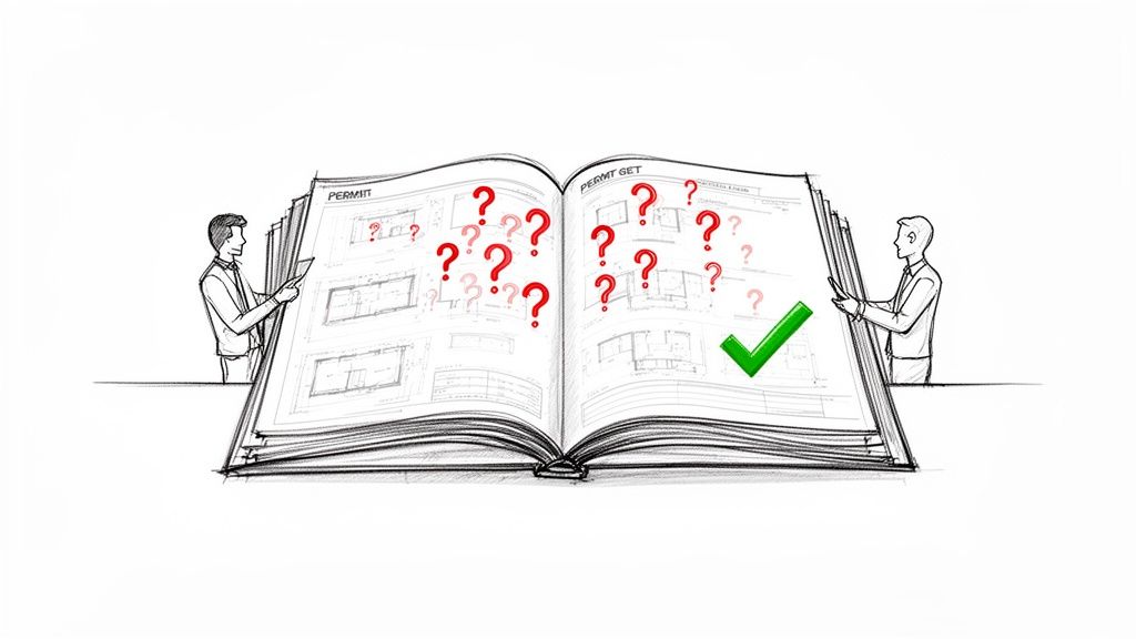 Two men review architectural permit plans with question marks on one side and a green checkmark on the other.