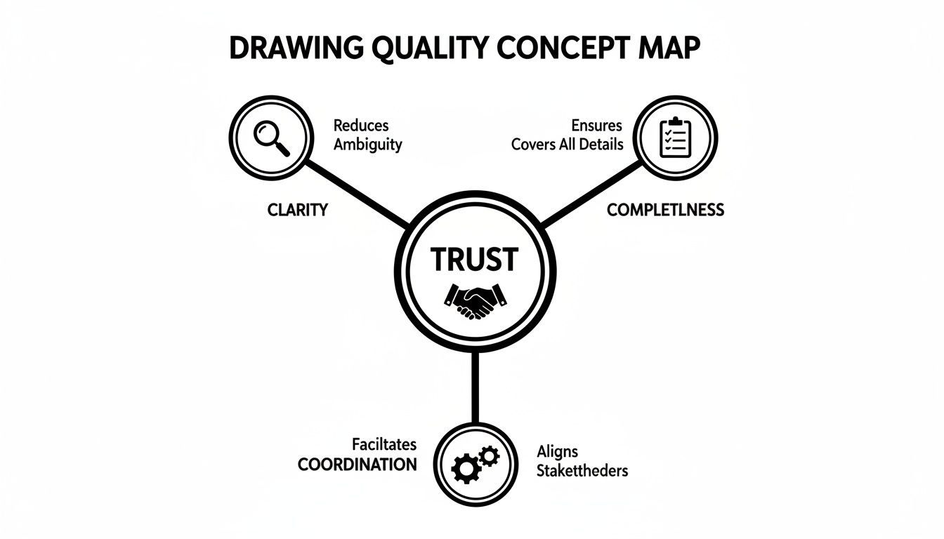 A concept map showing how drawing quality elements like clarity, completeness, and coordination build trust.