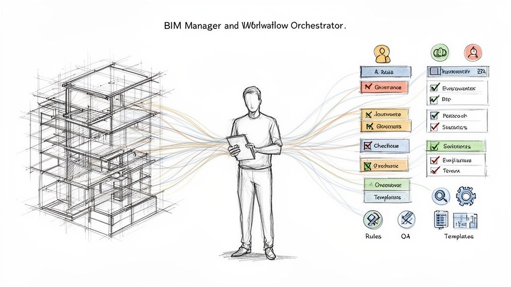 A sketch illustrating a BIM Manager orchestrating data and workflows for a building model, connecting various tasks and templates.