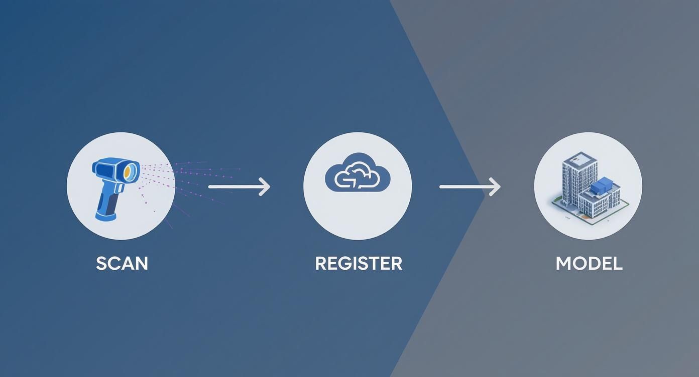 Three-step workflow diagram showing scan, register, and model process for building information management