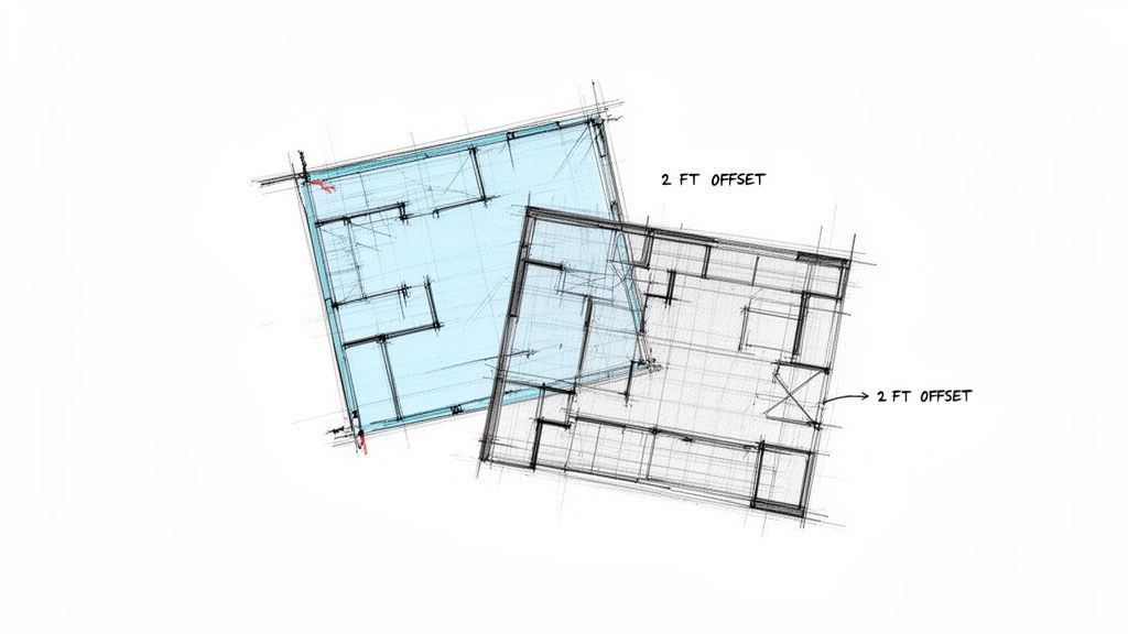 Two overlapping architectural floor plans, one highlighted in blue, illustrating a 2 ft offset design.