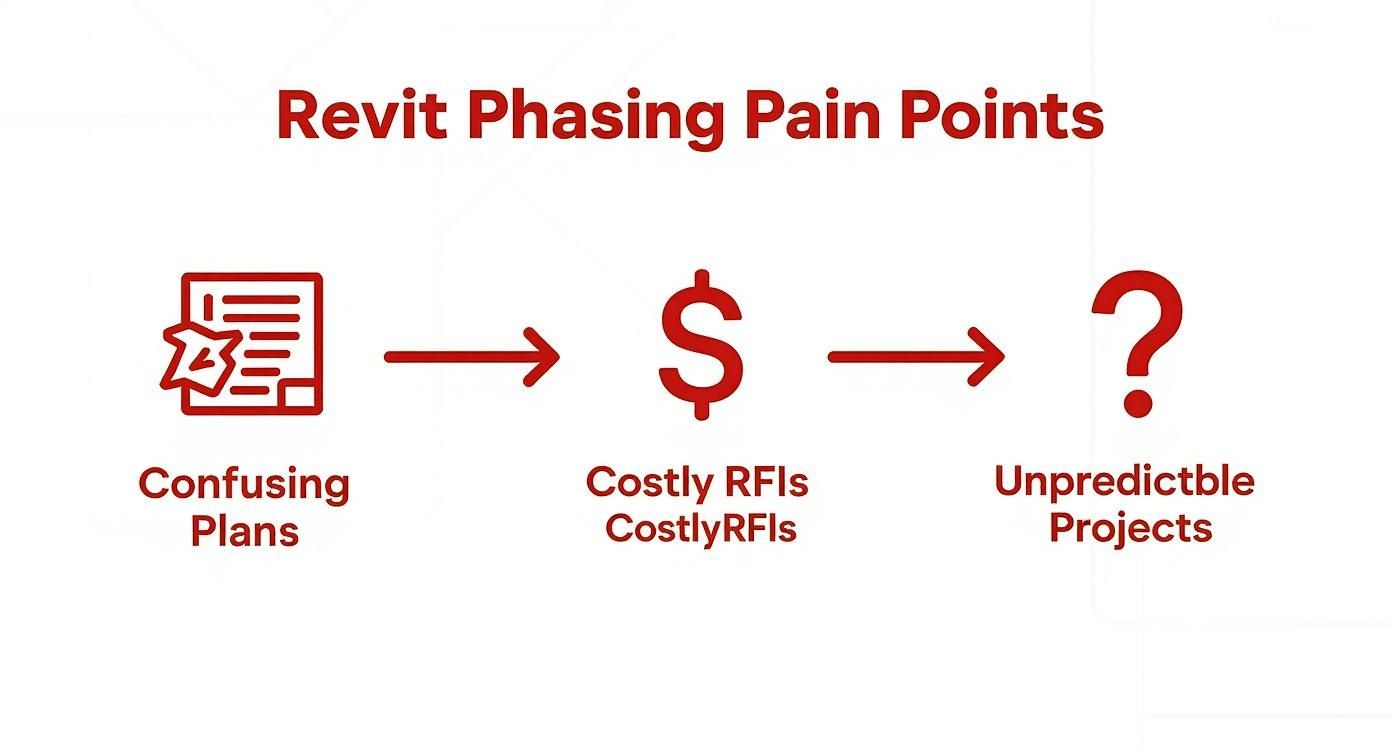 Flowchart detailing Revit phasing pain points: confusing plans lead to costly RFIs and unpredictable projects.