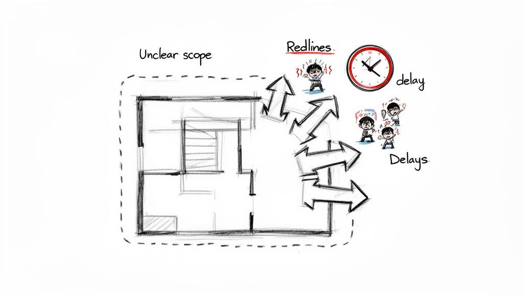 Diagram illustrating how unclear project scope leads to redlines, revisions, and project delays.