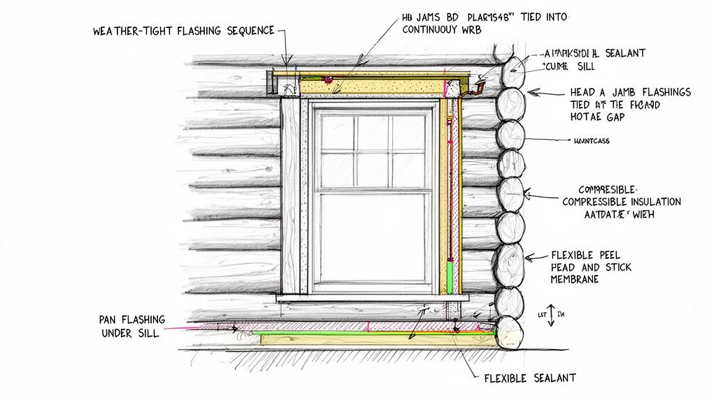 Detailed cross-section of a weather-tight window installation in log walls, showing flashing, insulation, and sealants.