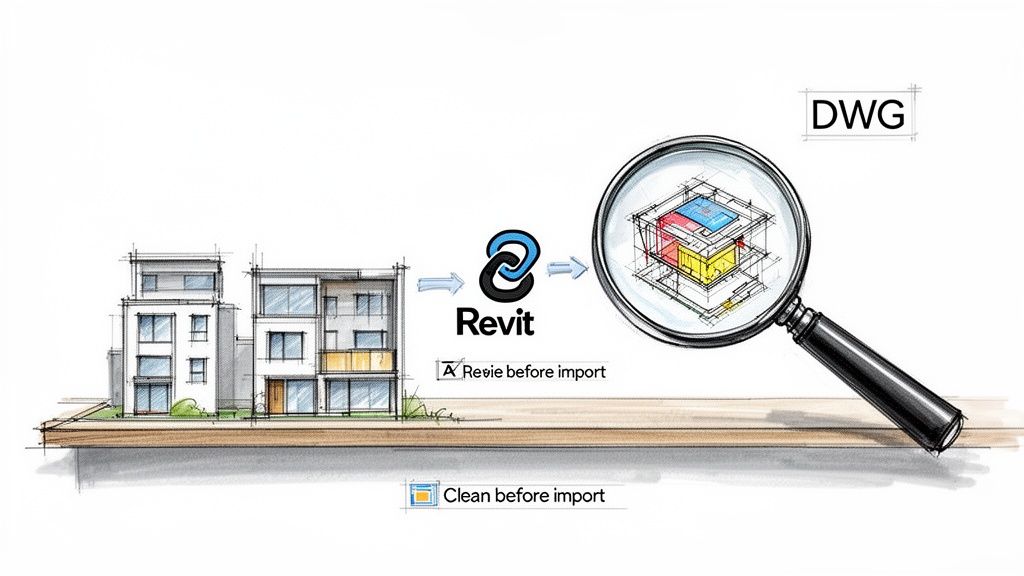 Architectural sketches transforming into a detailed 3D DWG model within Revit, emphasizing pre-import review and cleaning.