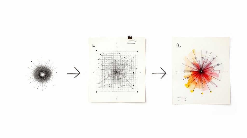 A visual progression of three diagrams showing data transformation and visualization techniques on white.