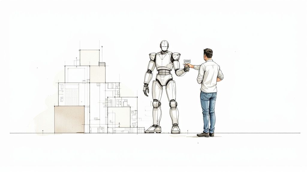 Human and AI collaboration depicted by a man shaking a robot's hand near building plans.