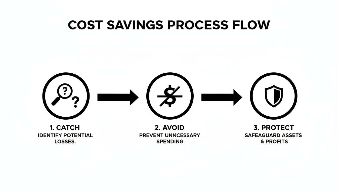A cost savings process flow showing three steps: Catch, Avoid, and Protect.