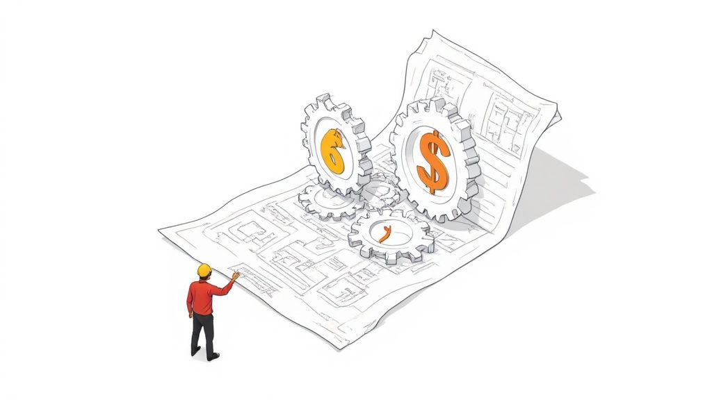 An architect reviewing detailed construction blueprints on a large table with colleagues.