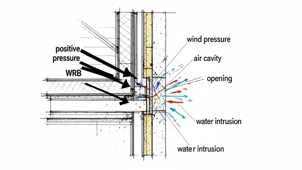 Technical drawing detailing a rainscreen cladding system, showing wind pressure, air cavity, WRB, and potential water intrusion.