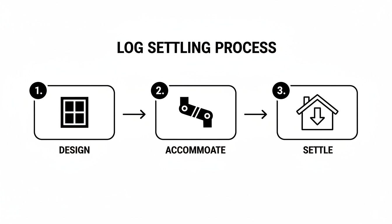 An infographic illustrating the log settling process, showing steps for design, accommodate, and settle.
