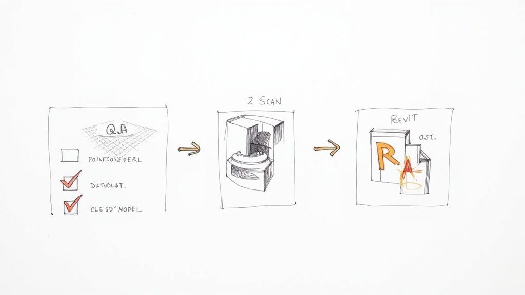 Workflow diagram showing scan to BIM process from point cloud through 3D modeling to Revit