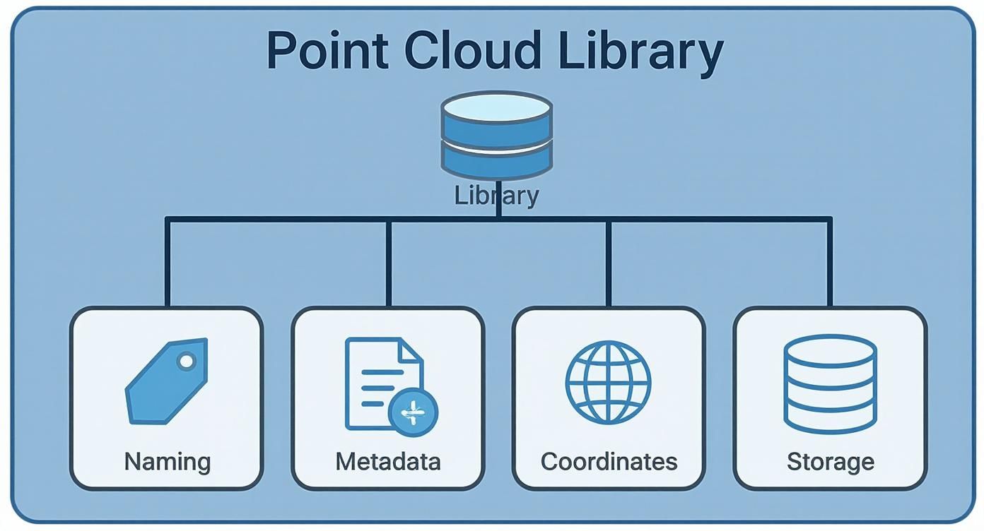 Diagram illustrating the key components of a Point Cloud Library, including Naming, Metadata, Coordinates, and Storage.