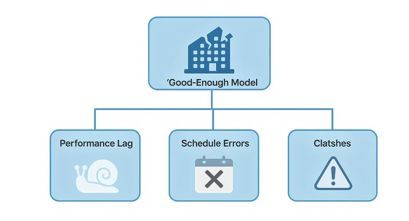 A diagram illustrating the negative consequences of a 'Good-Enough Model', including performance lag, schedule errors, and clatshes.