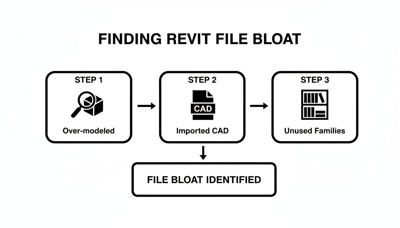 Flowchart showing three steps to find Revit file bloat: over-modeled, imported CAD, and unused families.