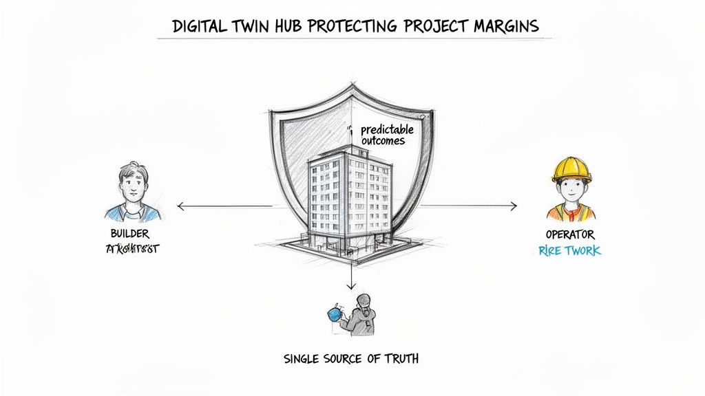 Diagram illustrating a Digital Twin Hub protecting project margins, ensuring predictable outcomes for builders and operators.