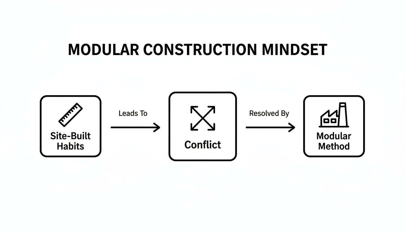 Flowchart showing site-built habits leading to conflict, resolved by the modular construction method.