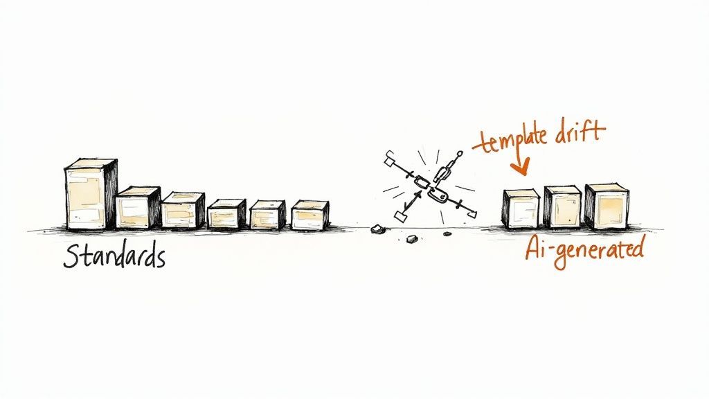 An illustration contrasting consistent 'Standards' blocks with smaller 'Ai-generated' blocks experiencing 'template drift'.