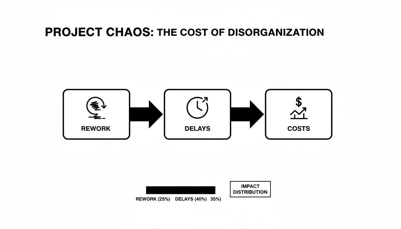 A diagram explaining how project disorganization leads to rework, delays, and financial costs.