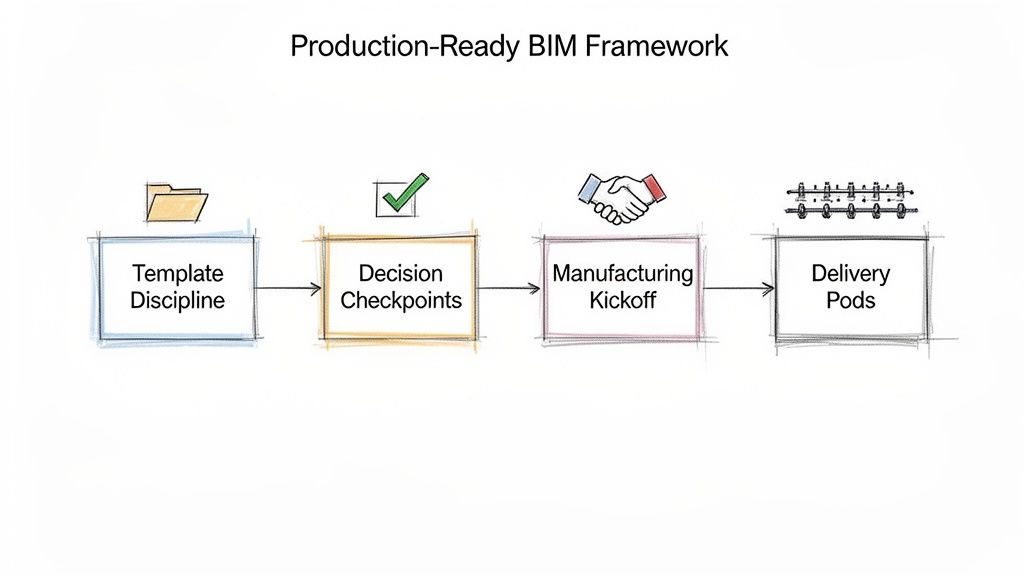 A flowchart illustrates the Production-Ready BIM Framework with steps: Template Discipline, Decision Checkpoints, Manufacturing Kickoff, and Delivery Pods.
