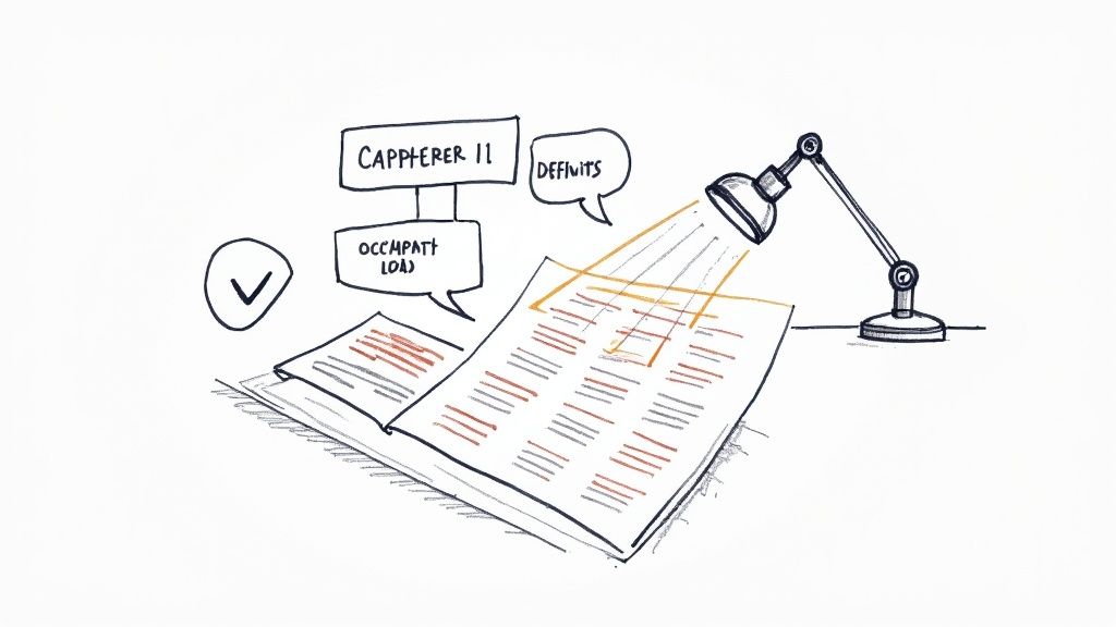 Illustration of an open document under a desk lamp, with text bubbles and a checkmark, symbolizing review or compliance.