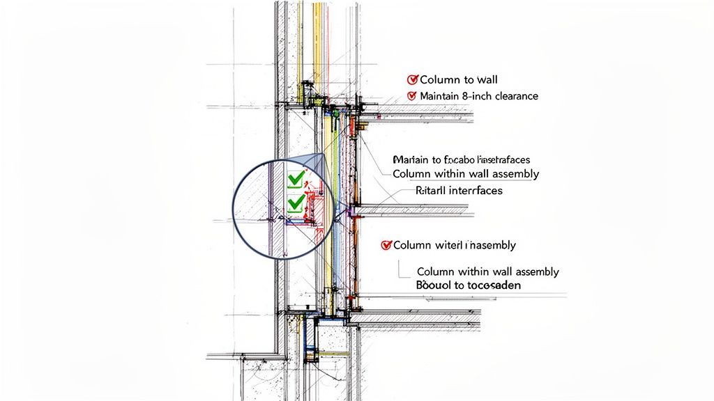 Detailed architectural cross-section of a building wall assembly with column connections and construction notes.